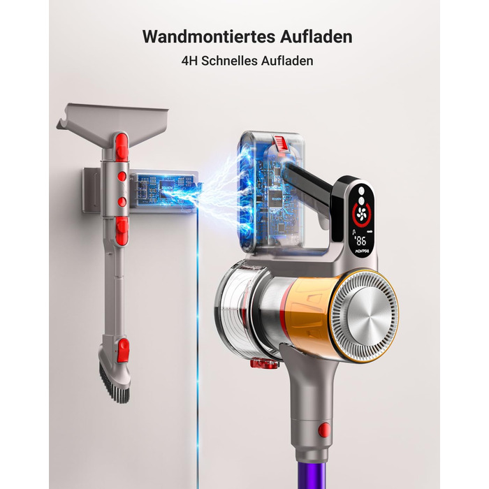 Акумуляторний пилосос, 45000 Па/550 Вт, час роботи 60 хв з настінною зарядкою, ароматична карта, чаша 1,8 л, світлодіодний дисплей