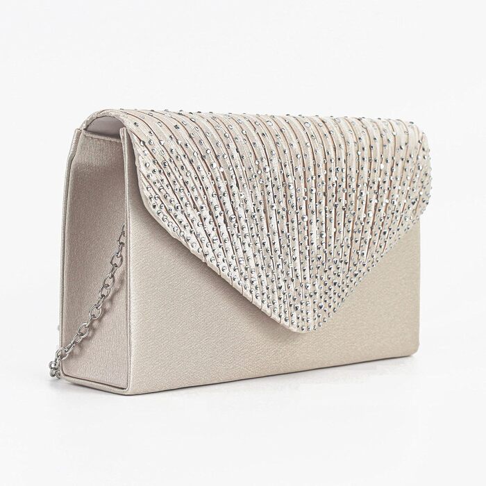 Блискуче клатч-конверт з сатину та стразами на ланцюжку для вечірки, весілля, балу. Бежевий колір. Модель 06269