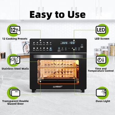 Міні-духовка для фритюрниці LLIVEKIT 26 л, фритюрниця XXL потужністю 1700 Вт з 12 програмами та книгою рецептів, конвекційна піч із цифровим світлодіодним дисплеєм, фритюрниця з попереднім нагріванням, підтримання тепла та розігрівання 26 л чорний