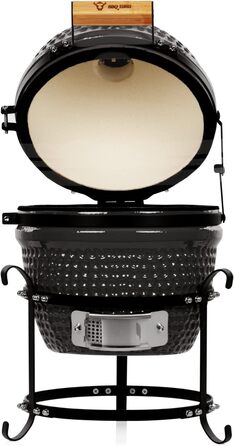 Вугільний гриль Haiiro Ø 32 см з термометром, дерев'яна ручка чорний керамічний гриль Kamado, міні-гриль на вугіллі, міні-гриль ка