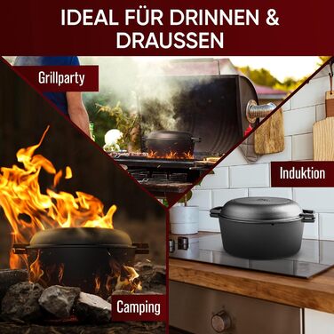 Голландська піч GUSSKNIG - чавунна каструля 2 в 1 4,8 л та чавунна сковорода 1,8 л - набір голландської печі з подвійною функцією