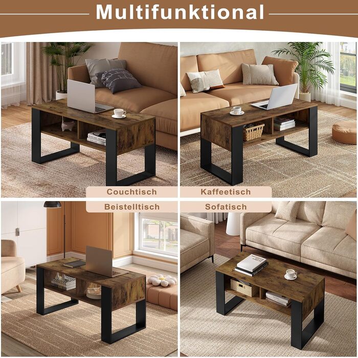 Журнальний столик WOLTU з місцем для зберігання, бічний столик для вітальні, сучасний стіл для вітальні, прямокутний журнальний столик, диван-столик, 2 відкриті відділення, вінтажний дерев&39яний вигляд чорного кольору, BTS16hov