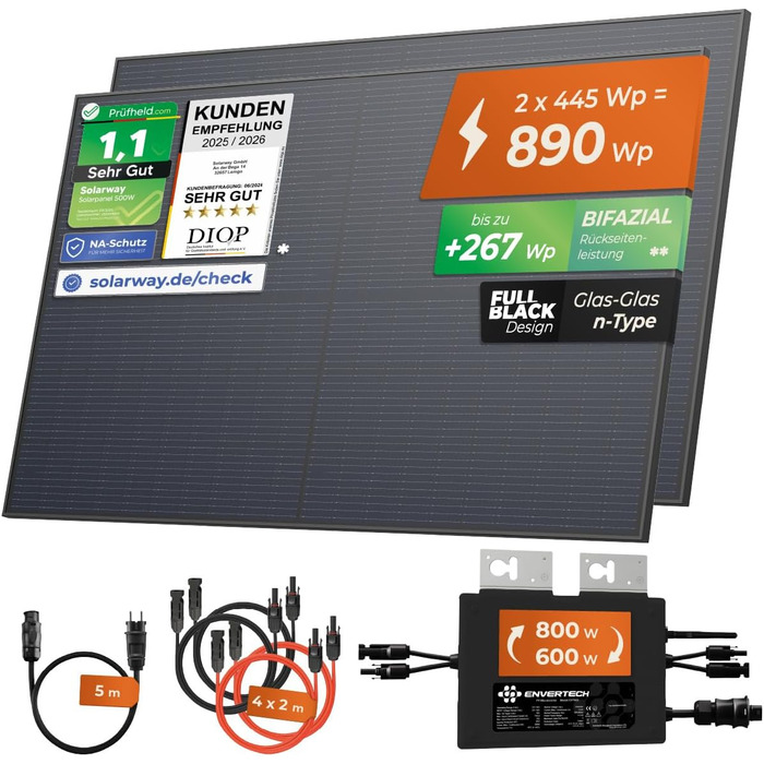 Балконна електростанція Solarway 890 Вт, комплектна розетка 800 Вт - Найновіший інвертор 800 Вт - Повний комплект сонячної системи - Двосторонні сонячні панелі 445 Вт, Envertech та аксесуари без монтажного кронштейна, 0 кВтгод, без накопичувача