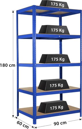 Міцний стелаж Ribelli, 180 x 90 x 60 см (В x Ш x Г), вантажопідйомність до 875 кг, 5 регульованих полиць, підвальний стелаж, стелаж для зберігання, стелаж без ригелів, металевий стелаж, синій