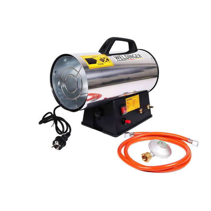 Газовий обігрівач WELDINGER 13,3 кВт з нержавіючої сталі з п&39єзоелектричним запалюванням, шлангом регулятором, будівельний обігрівач, вентилятор-обігрівач