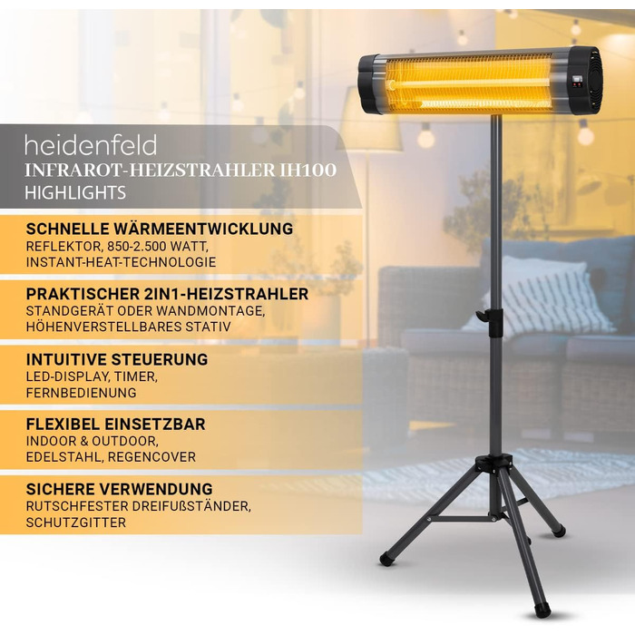 Інфрачервоний обігрівач Heidenfeld IH100 Комплект 3-в-1 - 2500 Вт - Пульт дистанційного керування - Штатив - Захисний чохол - Обігрівач для патіо - Інфрачервоний обігрівач - Обігрівач для пеленального столика (IH100)