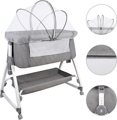 Дитяче ліжечко OHMG Side-by-Side, дитяче ліжко, дитяча колиска, дитяче ліжко 3 в 1 для новонароджених, ліжко-гойдалка для дому та подорожей з колесами, регульована висота 6 шт. (сірий (80x40x100-115 см))