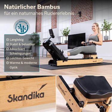 Гребний тренажер Skandika Rovek Дерев&39яний гребний тренажер, складний домашній гребний тренажер, магнітний опір з 32 рівнями, сумісний із додатком Kinomap, окремостоячий, до 195 см, світло-коричневий