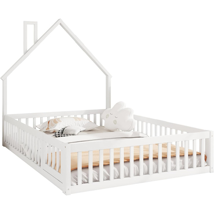 Дитяче підлогове ліжко, двоспальне ліжко 140x200 см з поручнями, рейковою основою та формою димоходу ліжко Монтессорі, ліжечко, домашнє ліжко, дерев&39яне ліжко, каркас ліжка, дитяче ліжко, соснове дерево, без матраца, біле.