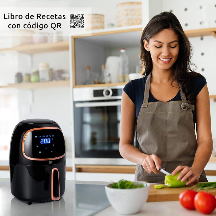 Фритюрниця, проста у використанні, 6 програм, антипригарне покриття, 1000 Вт, регульована температура до 200C, 2L -