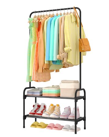 Вішалка для одягу - штанга для одягу з нековзними ніжками, шафа-стійка з 2-рівневим органайзером для взуття, вішалка для одягу для спальні, передпокою, 74 x 30 x 150 см, чорна 74 x 30 x 150 см чорна