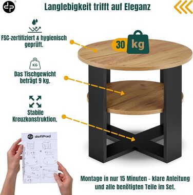 Круглий дубовий журнальний столик Ø53 см - Невеликий журнальний столик з полицею - 2 яруси, круглий сучасний журнальний столик в промисловому дизайні - Зроблено в ЄС Чорний та дубовий Діаметр 53 см