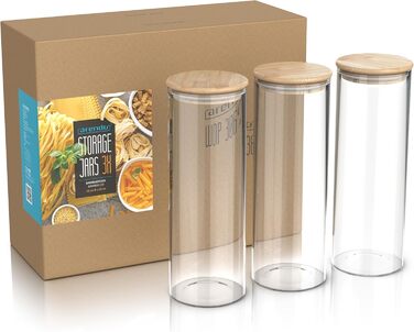 Банки для зберігання з кришками, 2 літри - Набір з 3 шт. - 10 x 28 см / - Скляні контейнери - Термостійкі - Банки для зберігання з дерев&39яними кришками - Герметичні - для мюслі, цукру, борошна, спагеті, кави, рису