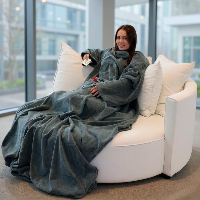 Пухнастий плед для телевізора Brandsseller з рукавами 170x200 см, з кашеміру - накидка на ніжки та 2 кишені - м&39який плед, покривало сірого кольору 170x200 см сірого кольору