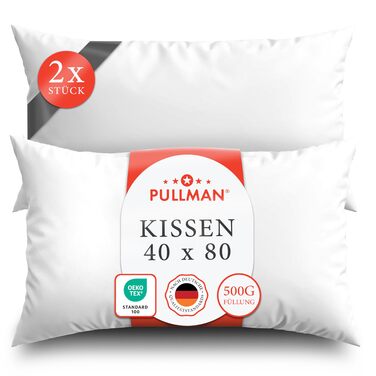 Подушки Pullman 40x80 см Комплект з 2 шт. , Подушки з мікрофібри готельної якості для всіх поз сну, Гіпоалергенні подушки з наповнювачем 500 г, Сертифіковані подушки для ліжка Oeko-Tex (40 x 80) 2 шт. 40x80 см 2