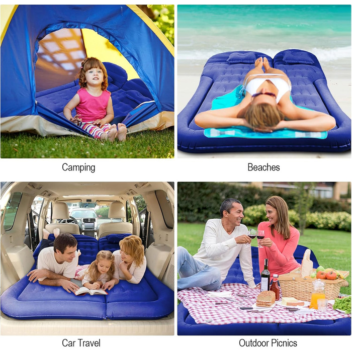 Надувний матрац Vinteky для позашляховика, мінівена, розкладне ліжко з насосом та 2 подушками для автомобіля, відпочинку, подорожей, кемпінгу, басейну, парку, пляжу (синій)