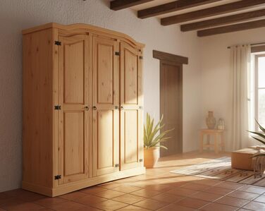 Шафа для спальні Dynamic24 3-дверна шафа New Mexico Ш152xВ193xГ54 см Масив сосни натурального кольору Комод Шафа Багатоцільова шафа Відкрита шафа Коричнева