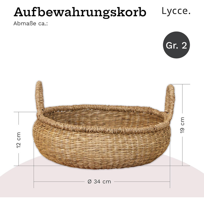 Натуральний кошик для зберігання, сплетений з морської трави Декоративний плетений кошик з ручкою, універсальне використання у вашому домі як кошик для білизни, кошик для пікніка, подарунковий кошик (порожній) Розмір 2 (Ø 34 см)