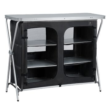 Складана кемпінгова шафа CampFeuer 110 см x 47 см x 90 см Кемпінгова кухня з 2 отворами на блискавці Кемпінгова полиця з алюмінієвою рамою, складна кемпінгова шафа, кемпінгова кухня, кемпінгові меблі