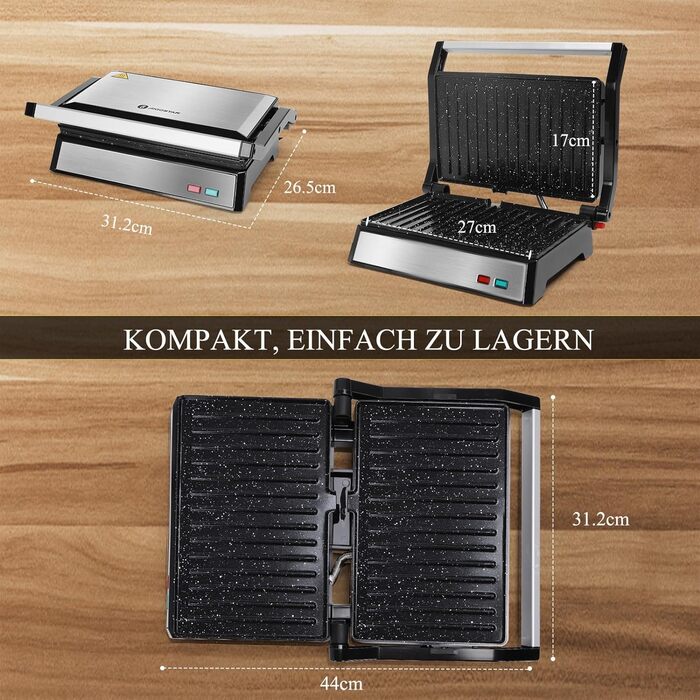 Контактний гриль для сендвічів, стейків і як гриль для паніні, бутербродниця з антипригарним покриттям, гриль паніні потужністю 1500 Вт зі знімною коробкою для збору масла, відкривання на 180.