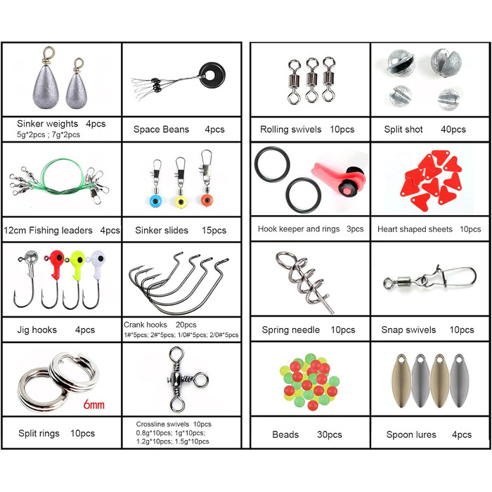 Набір рибальських аксесуарів Lixada 188/273/343 з кліщами для ящика для снастей, джиговими гачками, вертлюжками, кнопками, грузилами, слайдерами, намистинами
