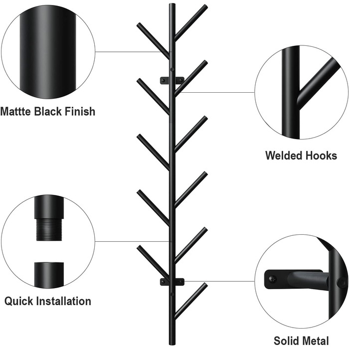 Настінна вішалка LOFTPLUS Black - 100см металева вішалка з 11 гачками, вішалка для курток, пальто, шапок, шарфів і сумок 100см чор