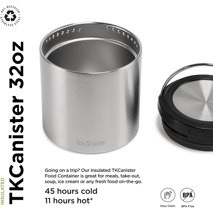 Термос для їжі Klean Kanteen TK Food Canister VI, 946 мл, нержавіюча сталь, полірована. Подвійні стінки з вакуумною ізоляцією. Зберігає тепло до 11 годин (49-88 C) та холод до 25 годин (0-13 C). Герметичний, не містить BPA. Розміри 15,3x13,5 см.