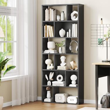 Книжкова полиця, 6-ярусна полиця, окремостояча книжкова шафа з 12 відкритими відділеннями, полиця для вітальні, спальні, ванної кімнати, офісу, сучасна, легко збирається, 173x60x24 см, чорна