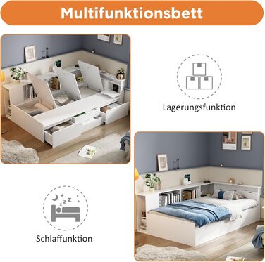 Односпальне ліжко Aoskem дитяче ліжко ліжко 90x200 ліжко з ящиками для зберігання та шафою для зберігання та книжковою полицею, де