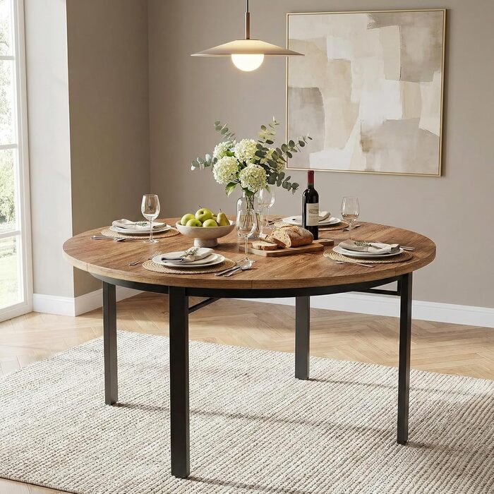 Круглий обідній стіл Lailang 120 см, дерев&39яний обідній стіл, для 4-6 осіб з металевими ніжками, стільниця з МДФ, дерев&39яного композиту, 118,5 x 118,5 x 76 см, коричневий, для їдальні та кухні