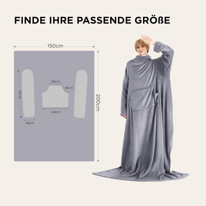 Ковдра BEDSURE з рукавами, м&39яка ковдра - різдвяні подарунки для жінок та чоловіків, тепла ковдра з рукавами та ковдра для дивана для дорослих, пухнаста ковдра на все тіло, портативна ковдра, 150x200 см сірого кольору