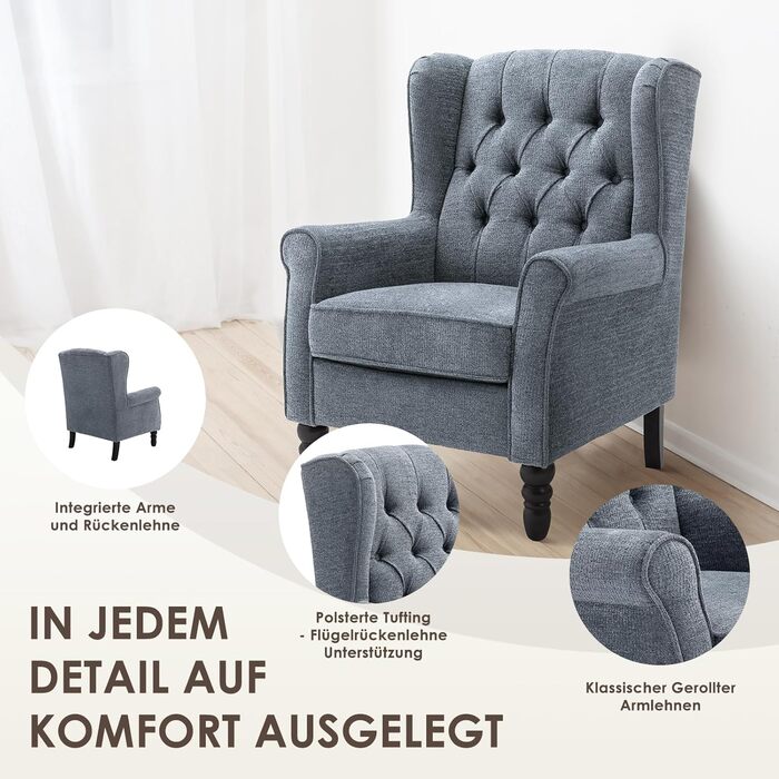 Крісло для вітальні COLAMY у стилі середини століття, м&39яке крісло з вигнутою спинкою та прошивкою ґудзиками, крісло для відпочинку з тканинним чохлом та ніжками з масиву дерева для вітальні, офісу, кафе - синє, комплект з