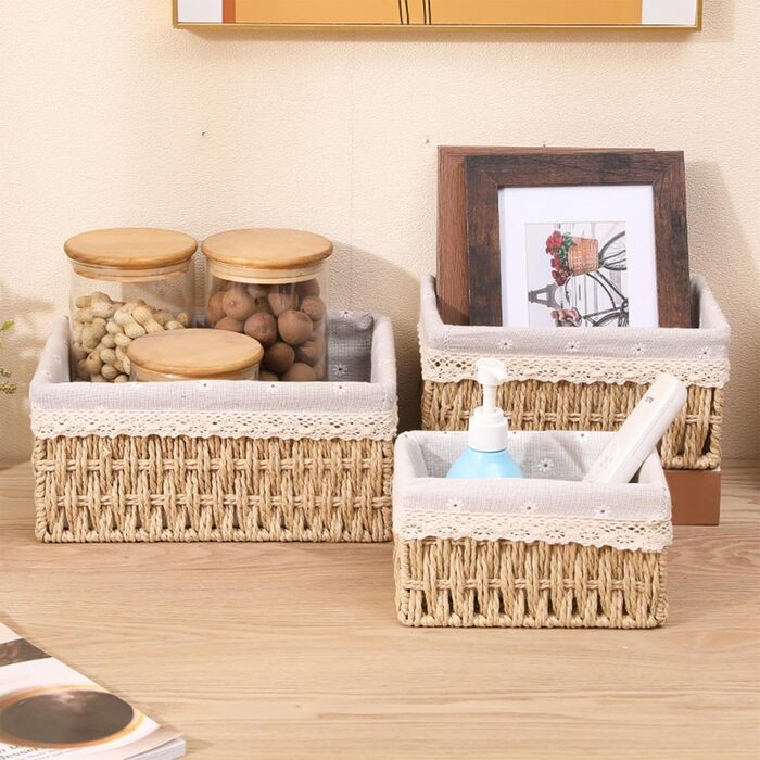 Набір кошиків для зберігання з 3 шт. з кришками Плетені кошики з паперової мотузки з бавовняною підкладкою, коробка в стилі бохо для іграшок, ванна кімната, вітальня Натуральний колір та штабелюються (бежевий)