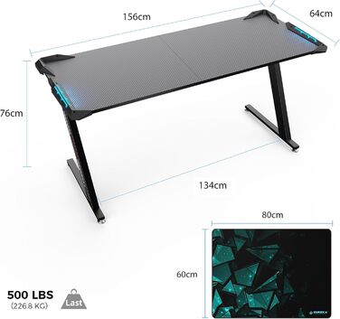 Ергономічний ігровий стіл Eureka 153 60 см, великий ігровий письмовий стіл зі світлодіодним підсвічуванням, ігровий ПК-стіл на карбоновому волокні