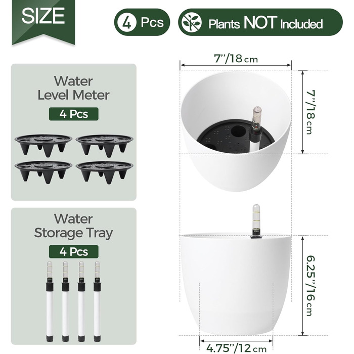 Квітковий горщик із самополивом 18 см з індикатором води, набір з 4 білих квіткових горщиків, самополивний кашпо з резервуаром для води для використання в приміщенні та на вулиці, білий, 18,5*16 см, 4U