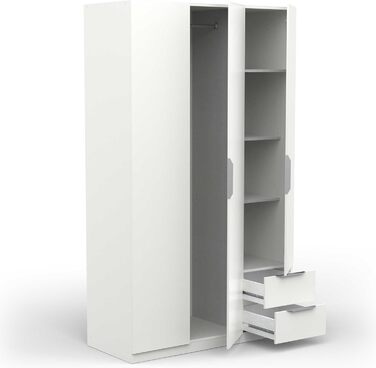 Сучасна шафа з рейкою для вішалок, 3 двері, 2 шухляди, 4 полиці матово-білий 119,4 x 51,1 x 203 см