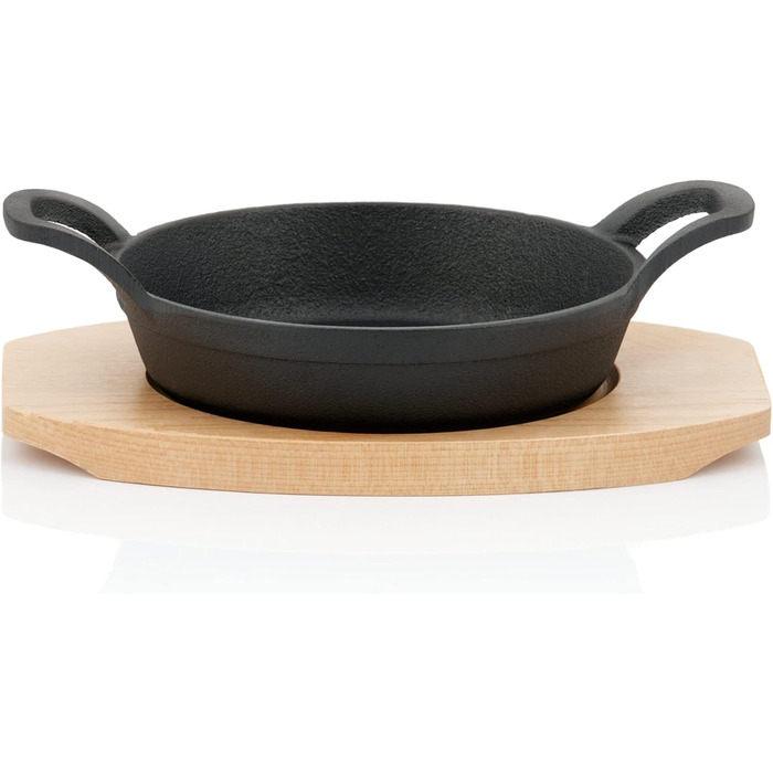 Чавунна сервірувальна сковорода з дерев'яною основою Ø 16 см вже запечена - попередньо приправлена чавунні сковороди-гриль, сервір
