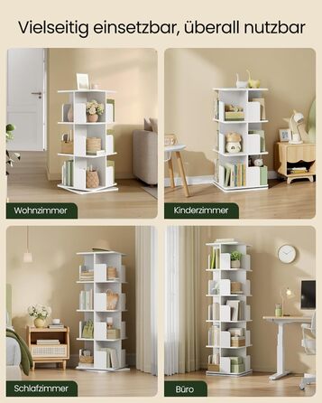 Обертова книжкова полиця EUGAD, кімнатна перегородка, полиця на місці, обертова полиця, офісна полиця, декоративна полиця, вільно обертається на 360 з 4 полицями для спальні, офісу, МДФ, білий, 39,5 x 128 x 39,5 см, 4 полиці (39,5 Ш x 128 В x 39,5 Г см), 