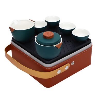 Набір для чаювання в стилі гунфу, преміальна кераміка, портативне зберігання, дорожній набір для чаю. Темно-зелений керамічний чайник з чашками та скринькою для чаю для подорожей, дому та офісу
