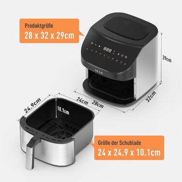 Фритюрниця IKAR Cube XXL 7 л сімейного розміру, фритюрниця 10-в-1, фритюрниця без олії, фритюрниця з сенсорним дисплеєм, можна мити в посудомийній машині, тиха, 4-6 порцій, нержавіюча сталь чорна