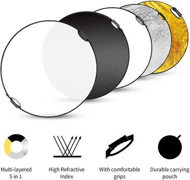 Фотовідбивач 5-в-1, розбірний портативний розсіювач світла, круглий/овальний рефлектор різних розмірів для фотостудійного рефлектора (розмір 30 см сріблясто-білий)