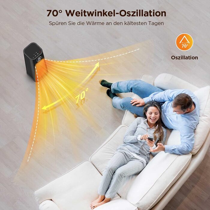 Тепловентилятор EasyAcc, тихий електричний керамічний PTC нагрівач із шумом 40 дБ, термостат, захист від перегріву та перекидання, 2000 Вт, 24-годинний таймер, електричний обігрівач для спалень - чорний