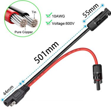 Набори розємів панелей сонячних панелей, з 1 SAE адаптером зворотної полярності для портативної електростанції сонячного генератора, 60 см, 10AWG Solar to SAE Adapter