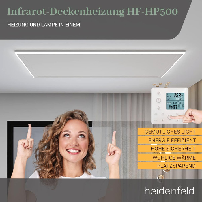 Інфрачервоний обігрівач Heidenfeld HF-HP500 з підсвічуванням 10 ЛАМП - світлодіодна рамка - інфрачервоний стельовий обігрівач з термостатом - якісний німецький бренд - пульт дистанційного керування (800 Вт, змінний)