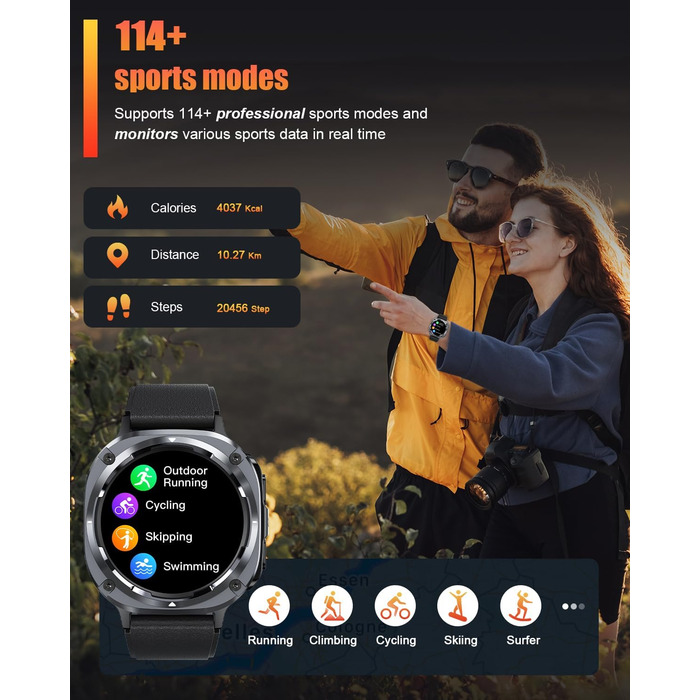 Чоловічий смарт-годинник, 1,45-дюймовий AMOLED смарт-годинник із здійсненням/прийомом дзвінків, 115 спортивних режимів, фітнес-годинник із пульсометром/крокоміром/монітором сну, водонепроникний спортивний годинник IP68, подарунок для нього, чорний смарт-г