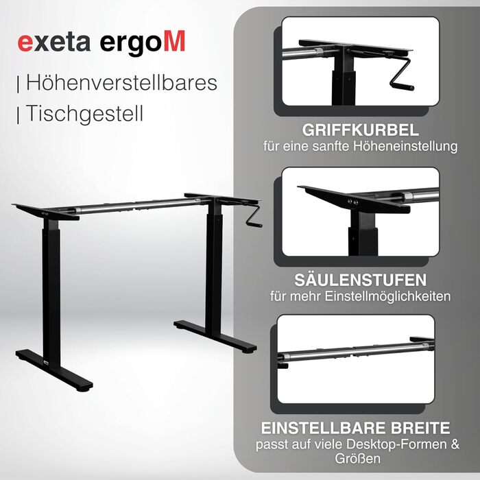 Каркас столу ergoM з регулюванням висоти та ручкою чорного кольору Висота каркасу столу регулюється від 73 до 121 см Стіл з ручним регулюванням висоти, ідеально підходить для офісу та домашнього офісу (чорний)