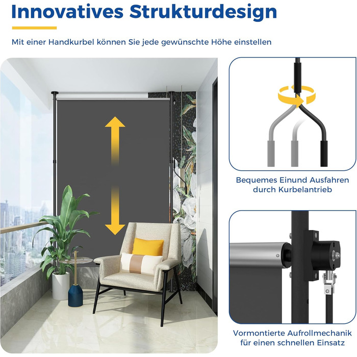 Вертикальна тентована маркіза для вулиці, Вертикальна тентована маркіза без свердління, Балконна жалюзі з ручним приводом, Ширма для забезпечення конфіденційності, Захист від сонця, Вітрозахист, Балкон та сад, 200 x (220-310) см, Ширина тканини 185,5 см, 