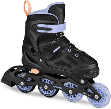 Набір SPOKEY Quattro 4-в-1 Роликові ковзани/Роликові ковзани/Трискейти/Ковзани для льоду, РЕГУЛЬОВАНІ для дітей та підлітків Роликові ковзани, що трансформуються в роликові Розміри 30-33, 34-37, 38-41 Чорний/Фіолетовий 38-41