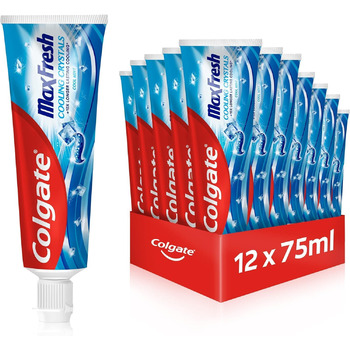 Зубна паста Colgate Max Fresh Cooling Crystals 12x75 мл ефективне чищення зубів для тривалої свіжості та чистого відчуття в роті зберігає зуби білими та бореться з карієсом 75 мл (12 упаковок)