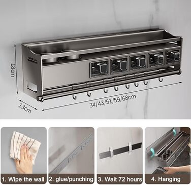 Настінна полиця для спецій, кухонна полиця для спецій з тримачем для кухонних рулонів, 4 банки та 6 гачків, полиця для спецій без свердління, кріплення на дверцята шафи, металевий тримач для спецій, настінна кухонна полиця, органайзер для спецій